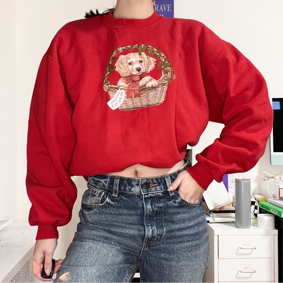 Vintage 90s Y2k Cottagecore Puppy Christmas Red Sweatshirt - Picture 2 of 5
